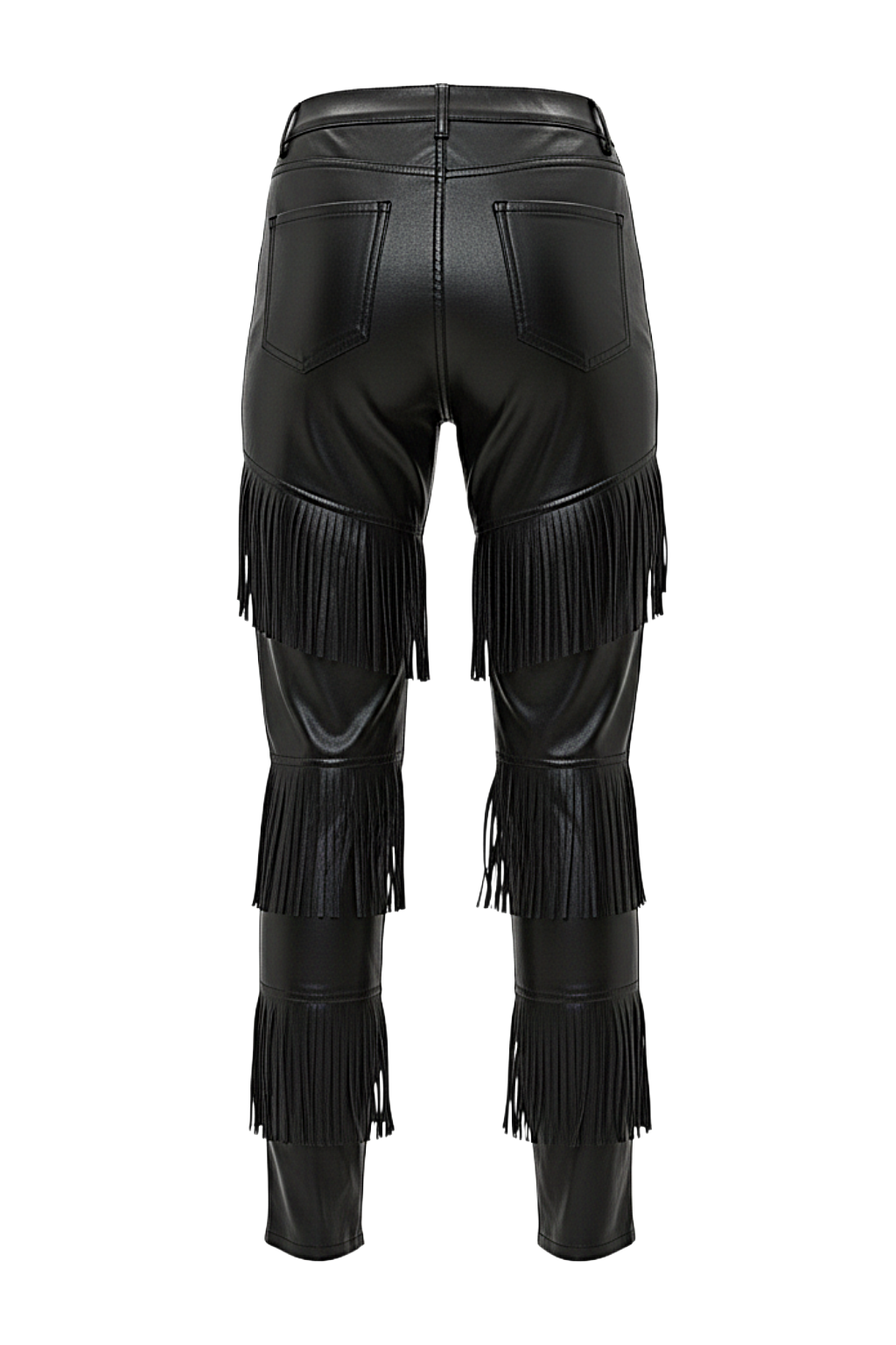 Rear view of black leather fringe pants showing rear patch pockets and continuous wrap-around fringe tiers. The Stevie by Maverick Jacket.