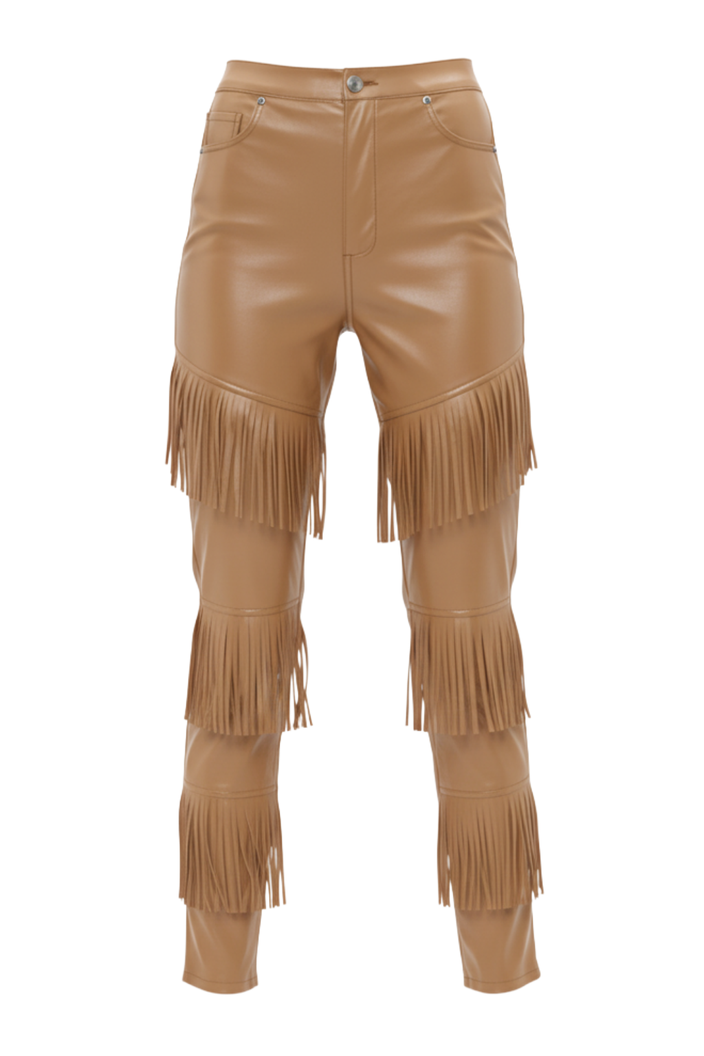 Women's tan leather fringe pants with three tiers of long fringe on the legs, Front View. The Stevie by Maverick Jacket.