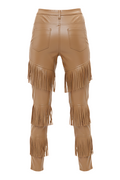 Rear view of tan leather fringe pants showing rear patch pockets and continuous wrap-around fringe tiers. The Stevie by Maverick Jacket.