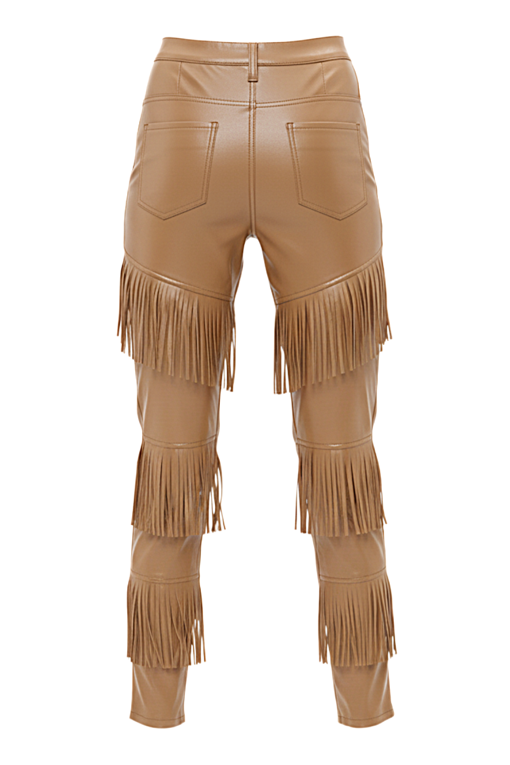 Rear view of tan leather fringe pants showing rear patch pockets and continuous wrap-around fringe tiers. The Stevie by Maverick Jacket.