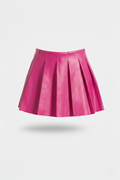 Women's fuchsia leather pleated skirt with high waist design and sharp knife pleats, Front View. The Poppy by Maverick Jacket.
