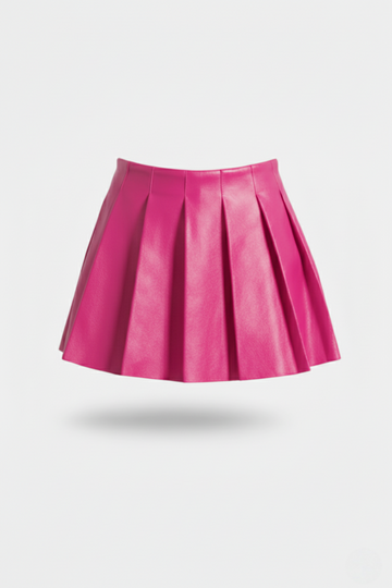Women's fuchsia leather pleated skirt with high waist design and sharp knife pleats, Front View. The Poppy by Maverick Jacket.