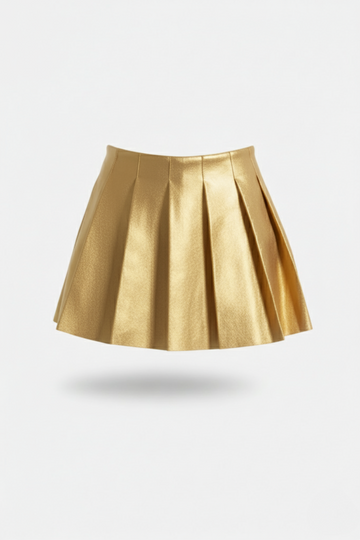 Women's gold leather pleated skirt with high waist design and sharp knife pleats, Front View. The Poppy by Maverick Jacket.