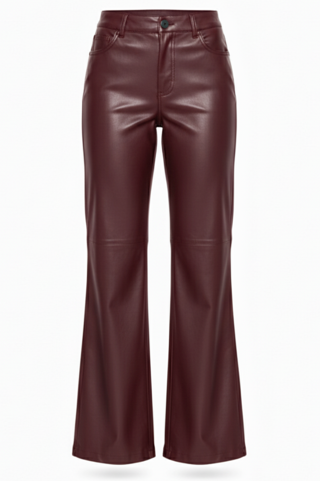 Women's burgundy leather flare pants with horizontal knee seams and classic five-pocket styling, Front View. The Bianca by Maverick Jacket.