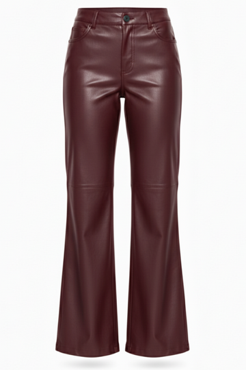 Women's burgundy leather flare pants with horizontal knee seams and classic five-pocket styling, Front View. The Bianca by Maverick Jacket.