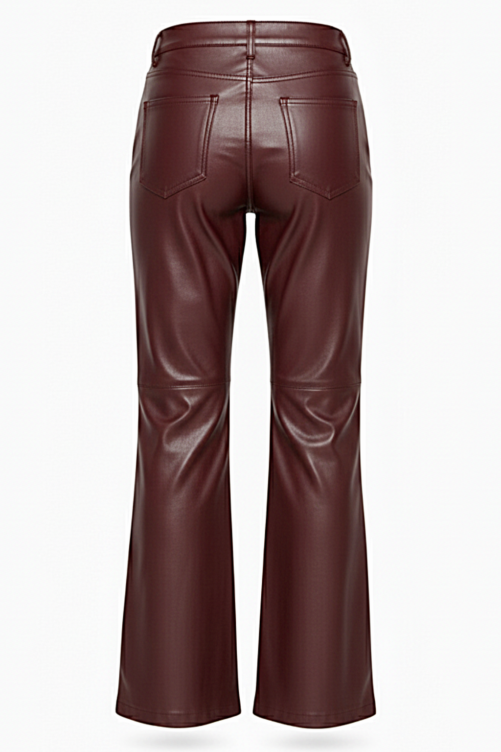 Rear view of burgundy leather flare pants showing rear patch pockets and structured knee paneling. The Bianca by Maverick Jacket.
