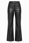 Women's black leather flare pants with horizontal knee seams and classic five-pocket styling, Front View. The Bianca by Maverick Jacket.