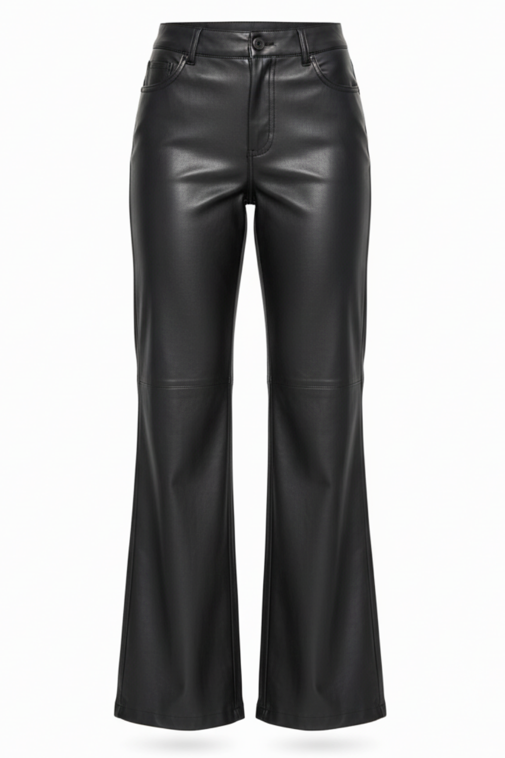 Women's black leather flare pants with horizontal knee seams and classic five-pocket styling, Front View. The Bianca by Maverick Jacket.