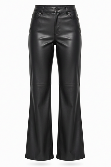 Women's black leather flare pants with horizontal knee seams and classic five-pocket styling, Front View. The Bianca by Maverick Jacket.