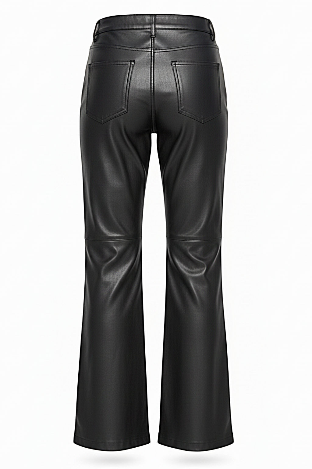 Women's black leather flare pants with horizontal knee seams and classic five-pocket styling, Front View. The Bianca by Maverick Jacket.