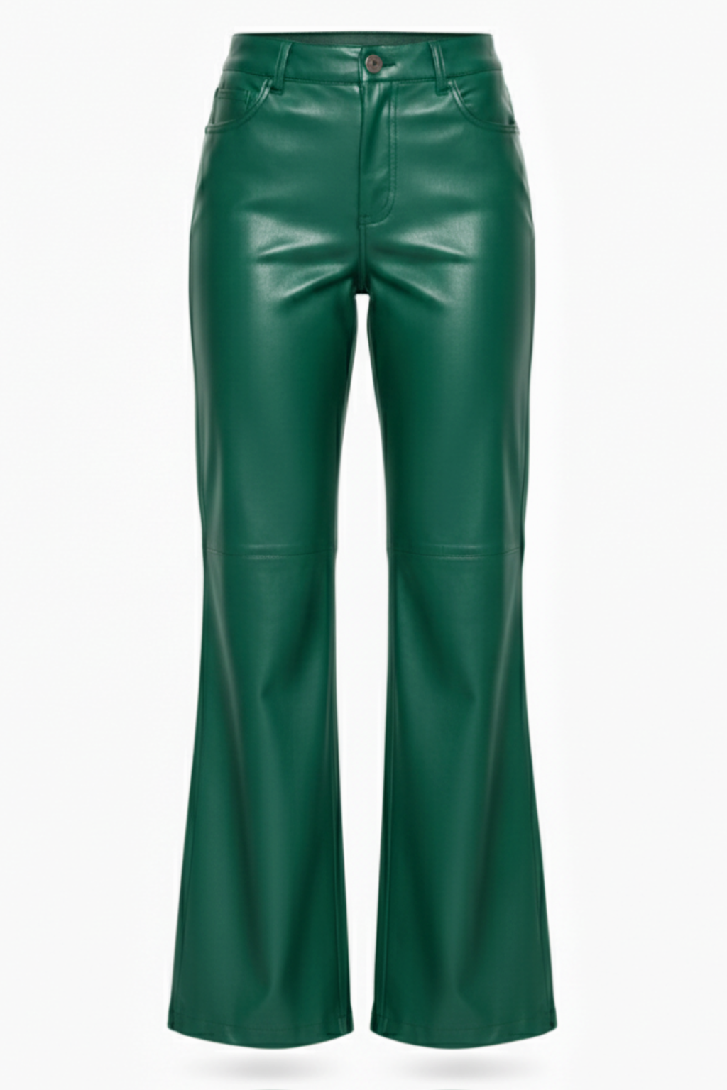 Women's green leather flare pants with horizontal knee seams and classic five-pocket styling, Front View. The Bianca by Maverick Jacket.