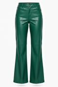 Women's green leather flare pants with horizontal knee seams and classic five-pocket styling, Front View. The Bianca by Maverick Jacket.