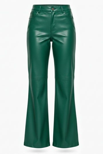Women's green leather flare pants with horizontal knee seams and classic five-pocket styling, Front View. The Bianca by Maverick Jacket.