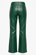 Rear view of green leather flare pants showing rear patch pockets and structured knee paneling. The Bianca by Maverick Jacket.