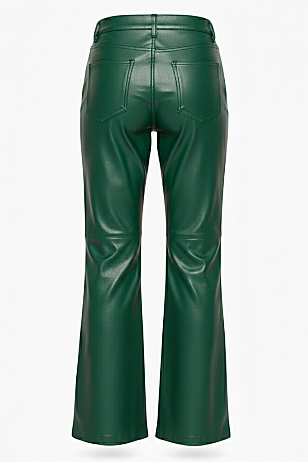 Rear view of green leather flare pants showing rear patch pockets and structured knee paneling. The Bianca by Maverick Jacket.
