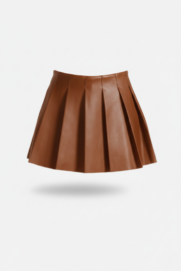Women's tan leather pleated skirt with high waist design and sharp knife pleats, Front View. The Poppy by Maverick Jacket.