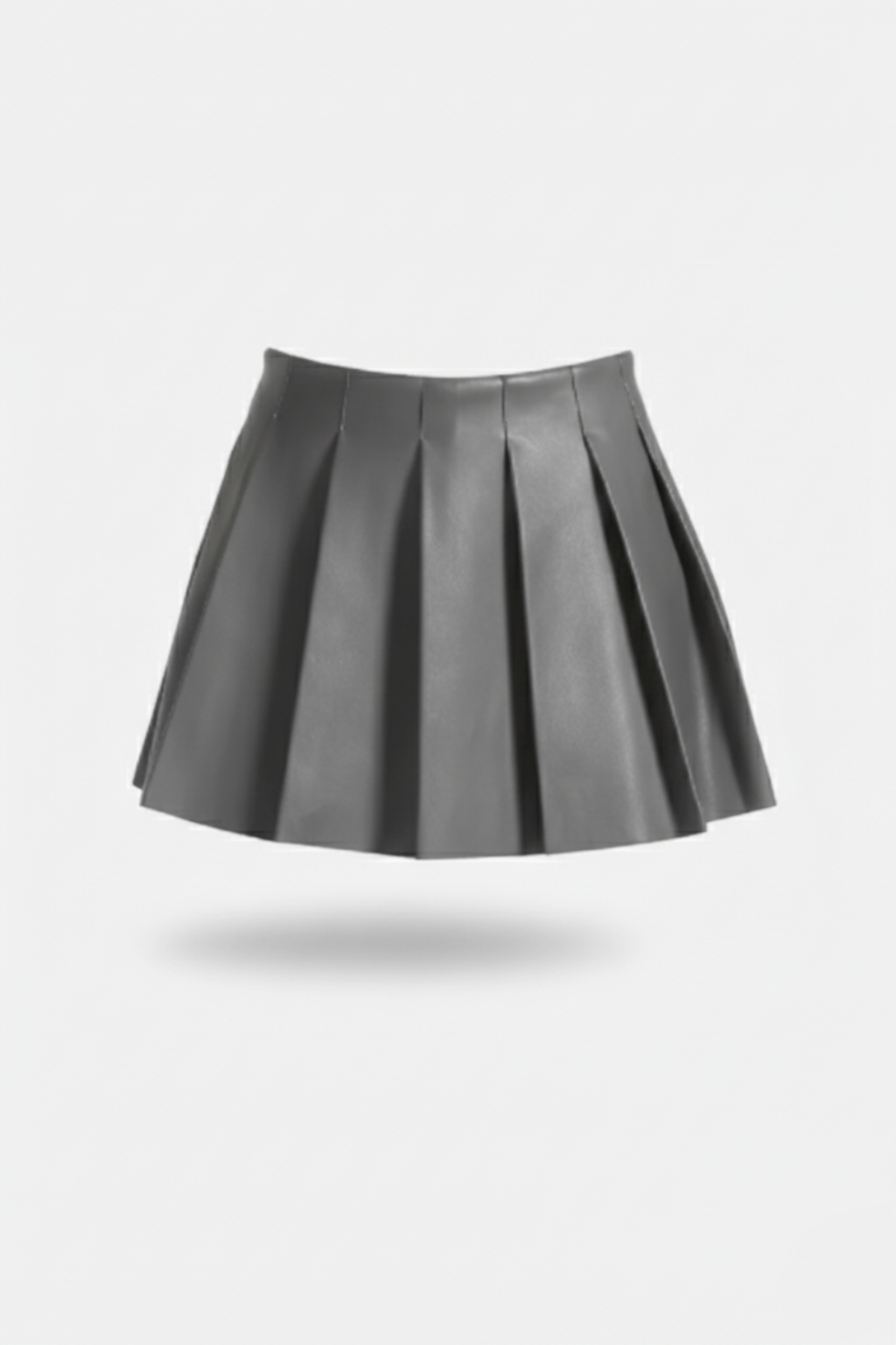 Women's grey leather pleated skirt with high waist design and sharp knife pleats, Front View. The Poppy by Maverick Jacket.