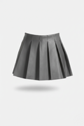 Women's grey leather pleated skirt with high waist design and sharp knife pleats, Front View. The Poppy by Maverick Jacket.