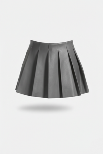 Women's grey leather pleated skirt with high waist design and sharp knife pleats, Front View. The Poppy by Maverick Jacket.