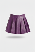 Women's purple leather pleated skirt with high waist design and sharp knife pleats, Front View. The Poppy by Maverick Jacket.