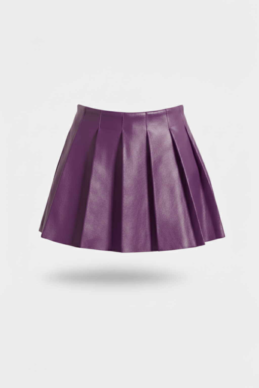 Women's purple leather pleated skirt with high waist design and sharp knife pleats, Front View. The Poppy by Maverick Jacket.