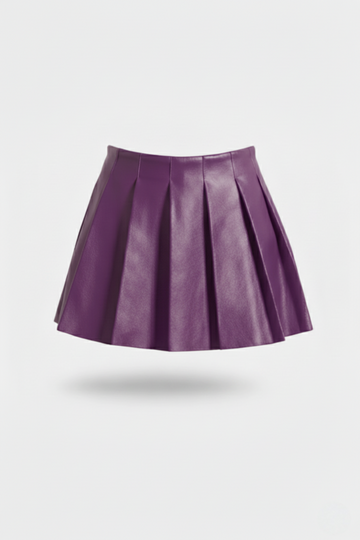 Women's purple leather pleated skirt with high waist design and sharp knife pleats, Front View. The Poppy by Maverick Jacket.