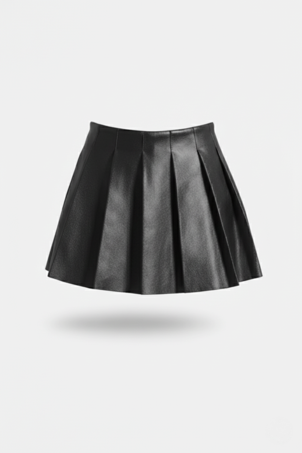 Women's black leather pleated skirt with high waist design and sharp knife pleats, Front View. The Poppy by Maverick Jacket.