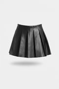 Women's black leather pleated skirt with high waist design and sharp knife pleats, Front View. The Poppy by Maverick Jacket.