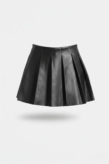 Women's black leather pleated skirt with high waist design and sharp knife pleats, Front View. The Poppy by Maverick Jacket.