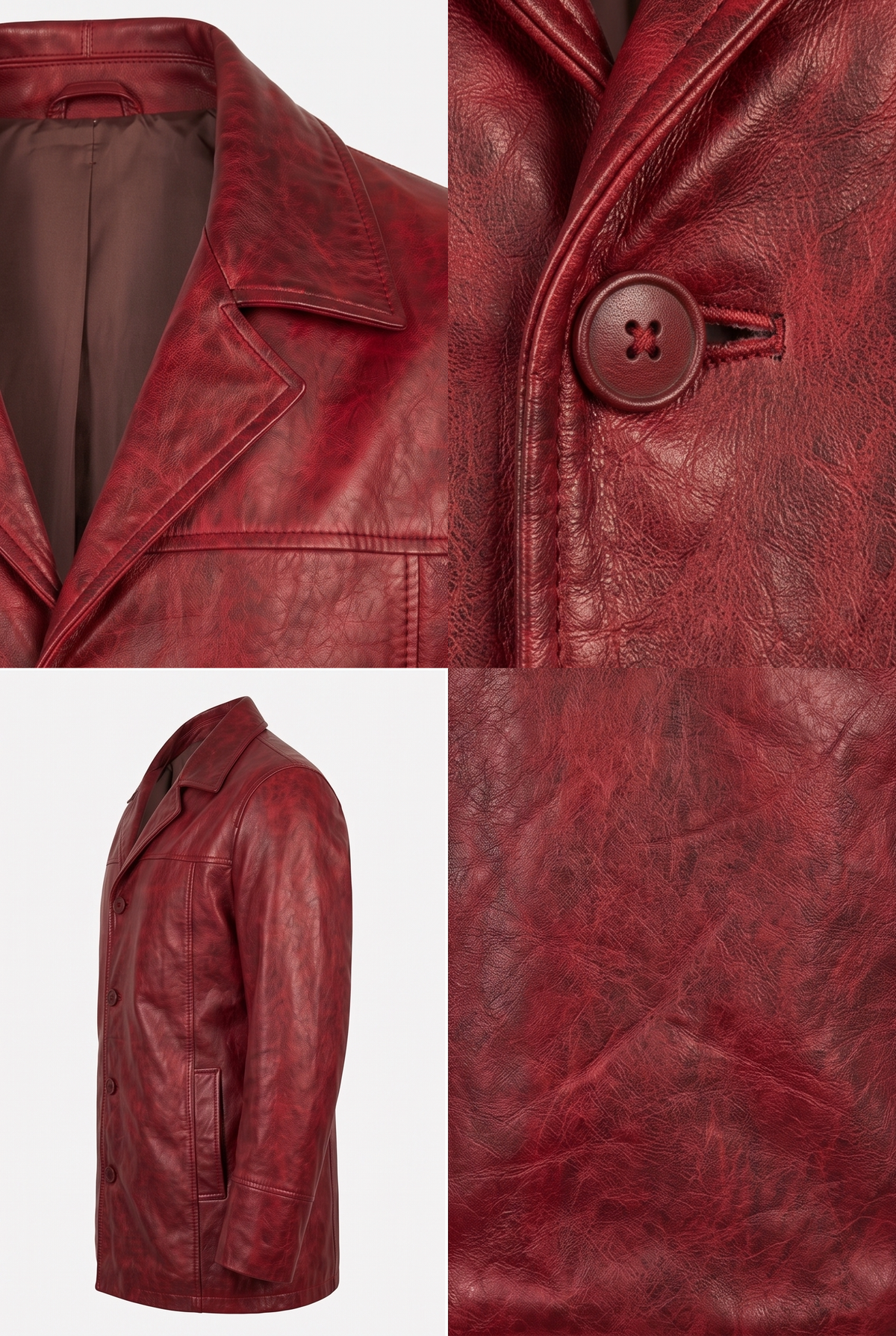 Collage of the oxblood leather car coat showing its lapel, button, side profile and distressed leather texture.