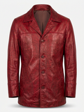 A red distressed leather jacket with a notch lapel, button closure, and front pockets, shown on a light gray background.