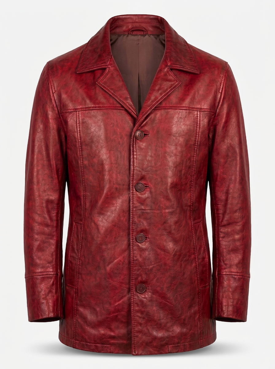 A red distressed leather jacket with a notch lapel, button closure, and front pockets, shown on a light gray background.