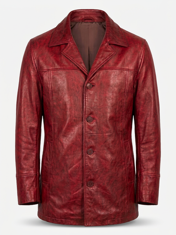 A red distressed leather jacket with a notch lapel, button closure, and front pockets, shown on a light gray background.