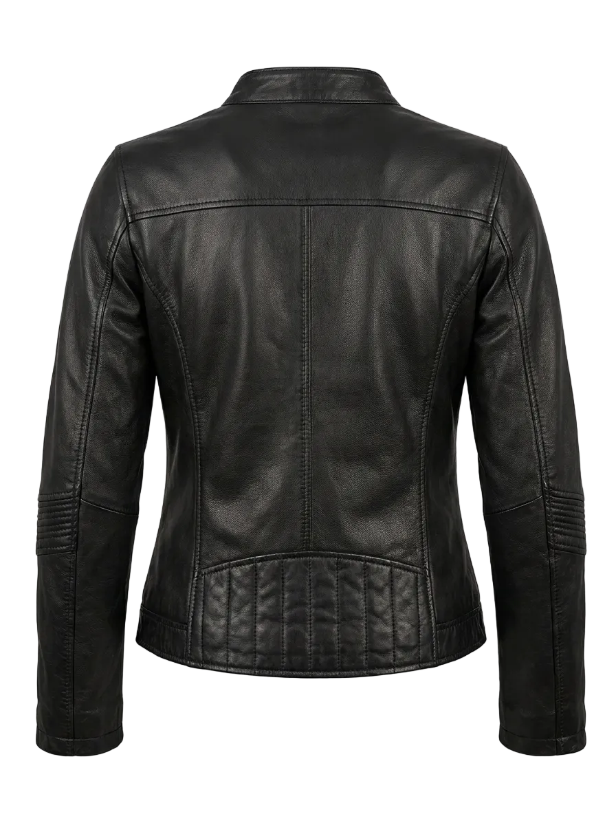 Maverick Sabine black leather cafe racer jacket, front view in ghost mannequin with snap-tab collar, matte zip and right chest pocket.