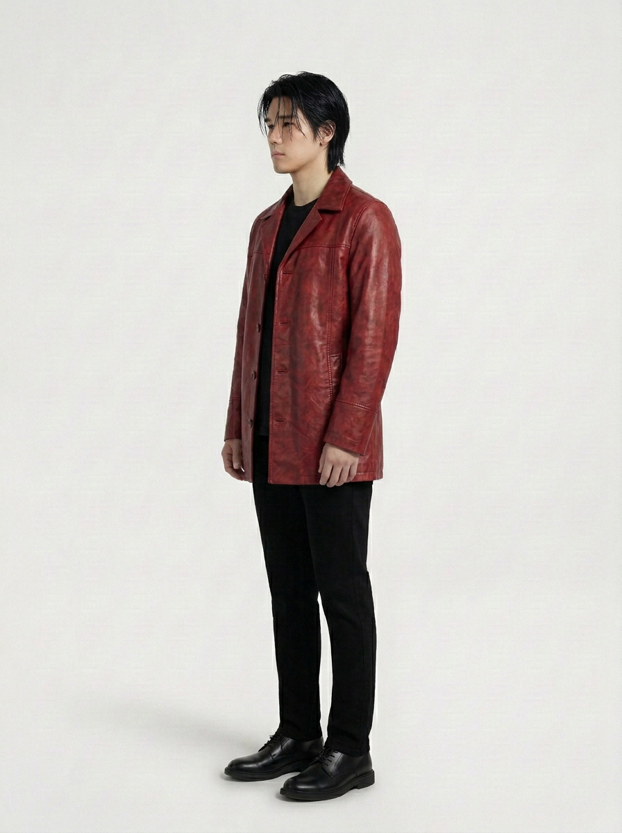 A man wearing a textured red leather jacket over a black shirt and black trousers, standing in profile against a plain light gray studio background.