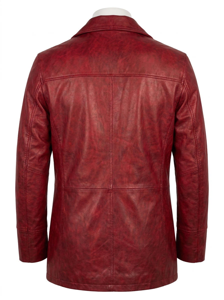 A red distressed leather jacket with a notch lapel, button closure, and front pockets, shown on a light gray background.