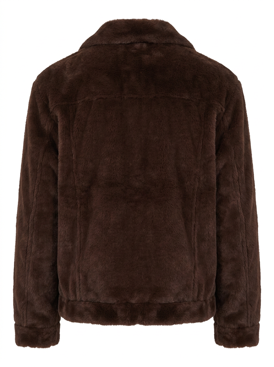 A dark brown faux fur jacket with a matching collar and button front, displayed on a clean white background.