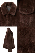 A dark brown faux-fur jacket shown in a four-panel collage: front view with collar and chest pocket, side view, and close-up texture of the fur.