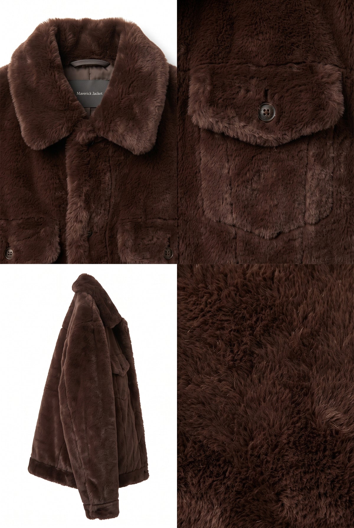 A dark brown faux-fur jacket shown in a four-panel collage: front view with collar and chest pocket, side view, and close-up texture of the fur.