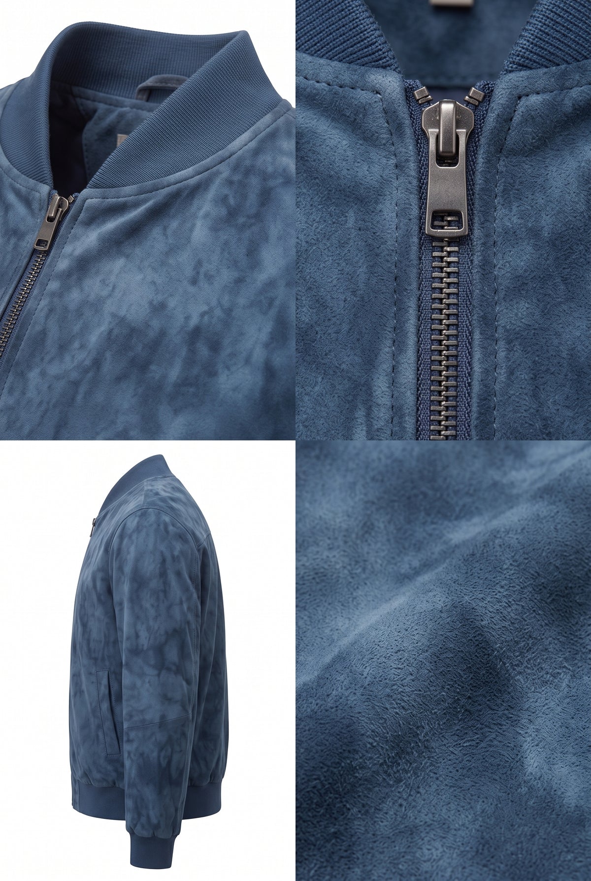 A four-panel product collage showing a blue textured zip-up jacket: close-up of the collar and zipper, side profile view, and a fabric texture close-up. The jacket appears to have a soft suede or nubuck finish with a dark metal zipper.