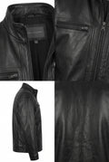 Black leather jacket shown in multiple views: a front close-up with zipper and chest pocket, a side profile view, and a close-up texture panel. A brand label reading 'Adelbert's Leather' is visible inside the collar.
