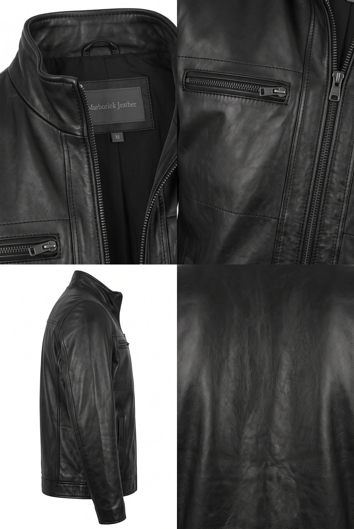 Black leather jacket shown in multiple views: a front close-up with zipper and chest pocket, a side profile view, and a close-up texture panel. A brand label reading 'Adelbert's Leather' is visible inside the collar.