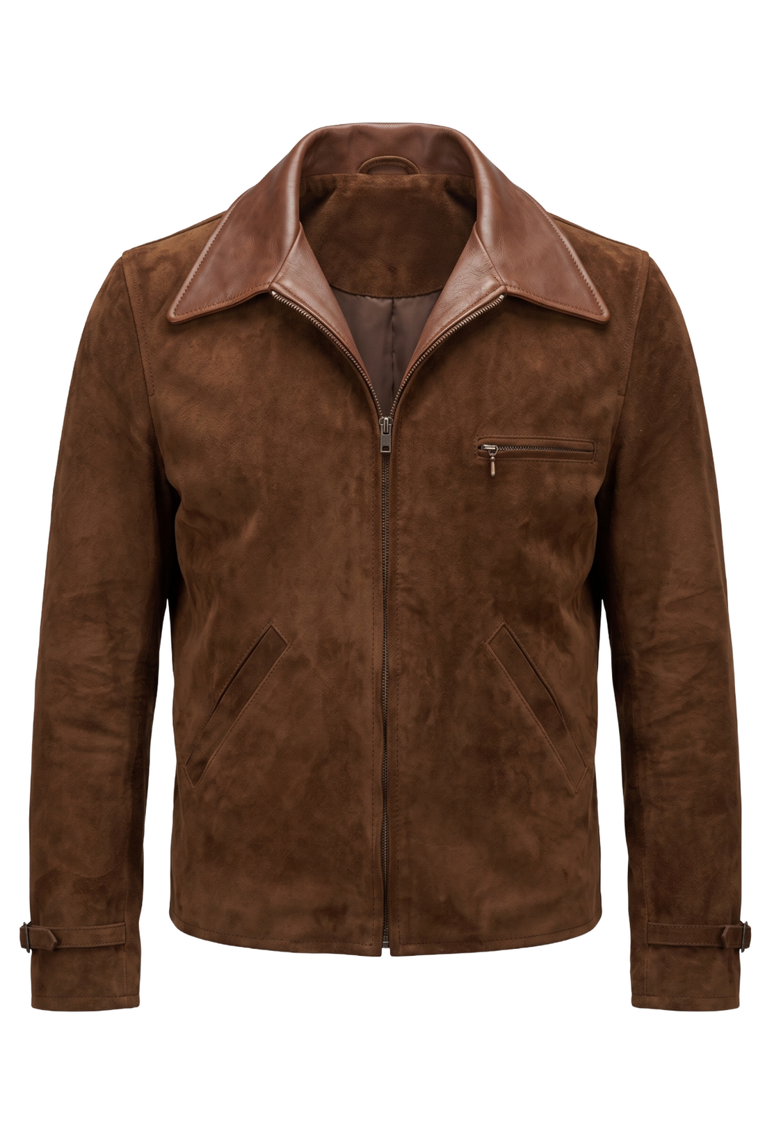 A brown suede aviator-style jacket with a zippered front, a stand collar, and a zippered chest pocket, shown on a plain white background.