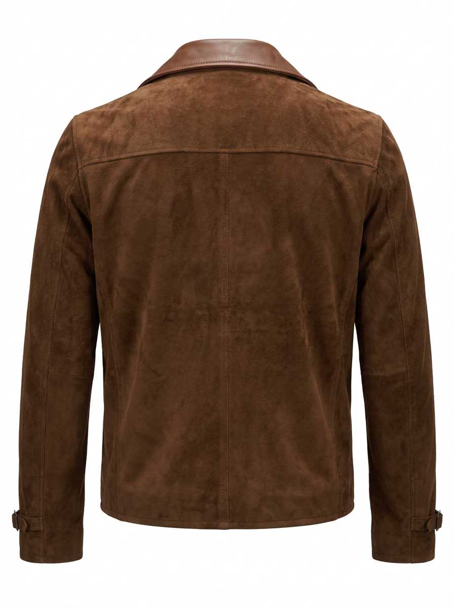 A brown suede aviator-style jacket with a zippered front, a stand collar, and a zippered chest pocket, shown on a plain white background.