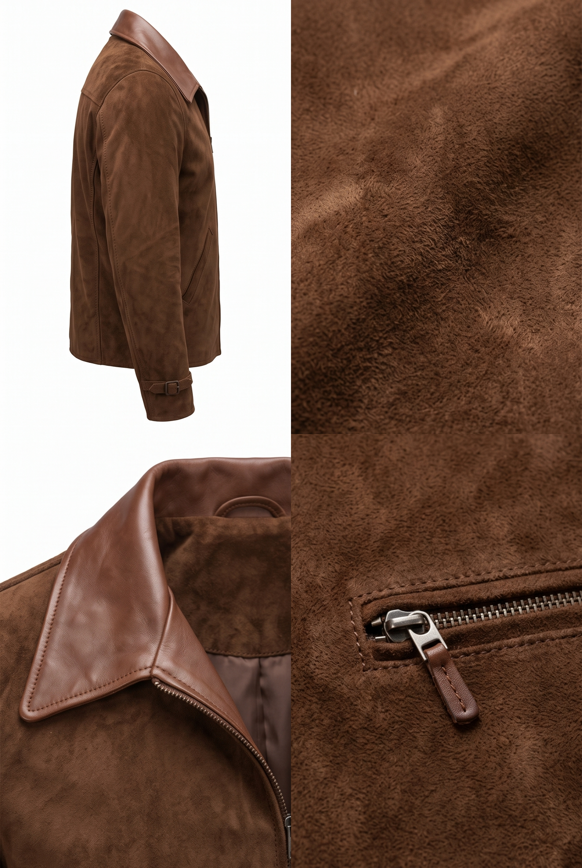 A brown suede jacket shown in a multi-view collage: a side profile on a white background, a close-up of the collar and zipper, and a large texture close-up. No person, animal, or real environment is present.