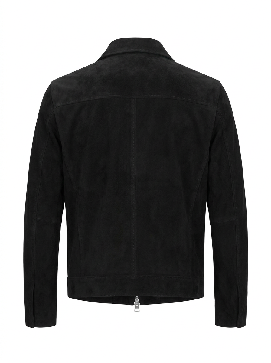 A black suede jacket with a silver front zipper, collar, and two front pockets, shown on a plain white background.