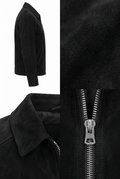 Black suede jacket shown in a multi-view collage: side profile on a white background, close-up of the collar, and a close-up of the front zipper with silver hardware. No person, animal, or real environment is present.