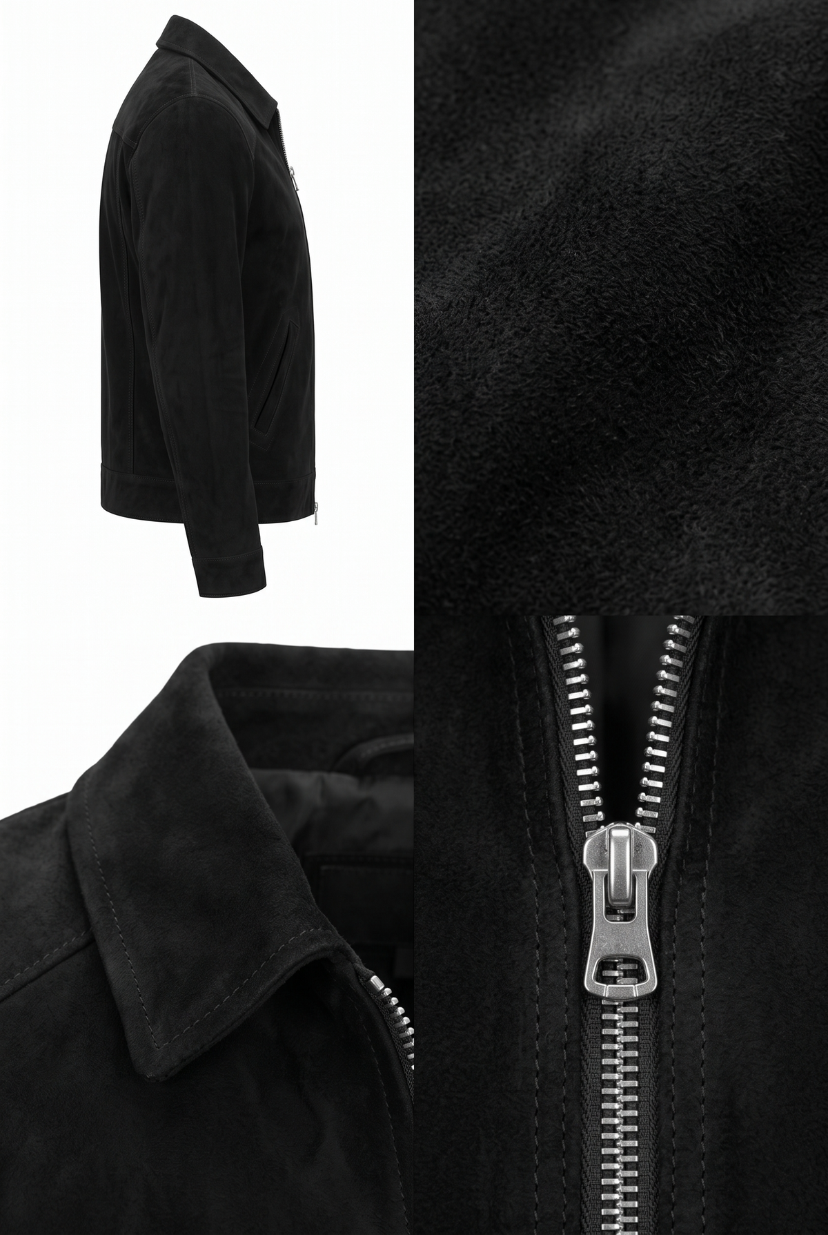 Black suede jacket shown in a multi-view collage: side profile on a white background, close-up of the collar, and a close-up of the front zipper with silver hardware. No person, animal, or real environment is present.