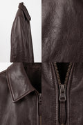 A dark brown leather jacket shown in a multi-view collage, including a side profile, a close-up of the collar, and a detailed view of the front zipper.