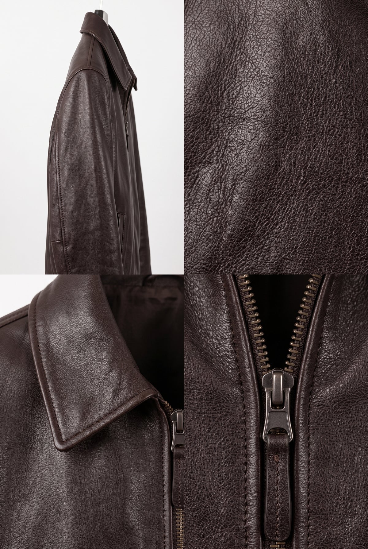 A dark brown leather jacket shown in a multi-view collage, including a side profile, a close-up of the collar, and a detailed view of the front zipper.
